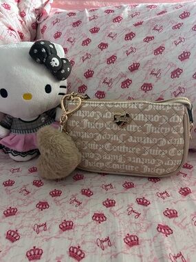 Juicy Couture Beige Quilted Logo Wristlet with Fur Pom and Gold Heart Charm
